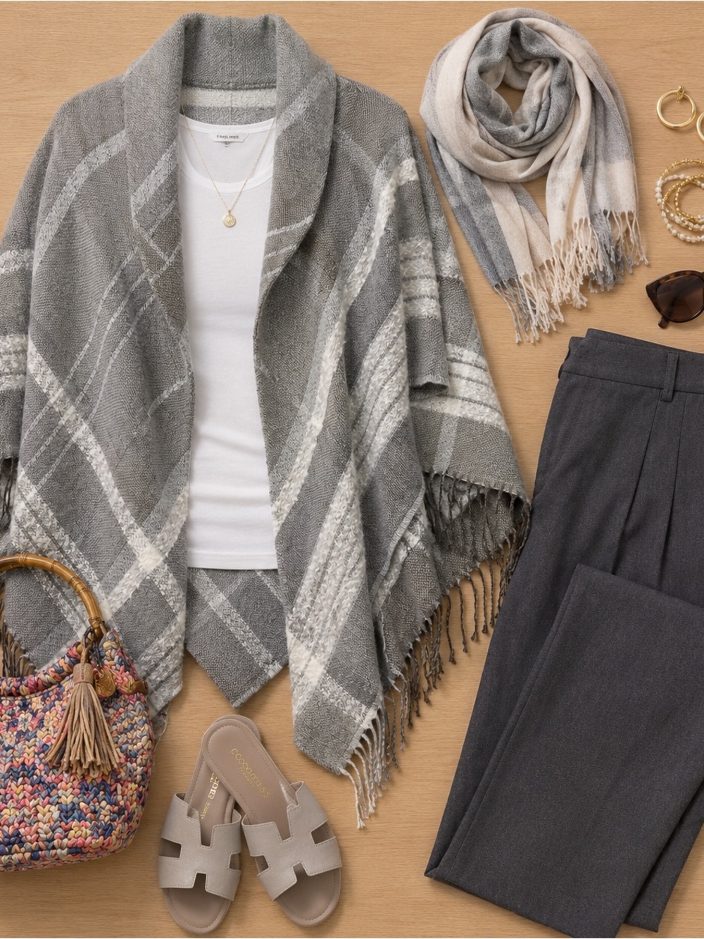 Gray and White Plaid Poncho O/S